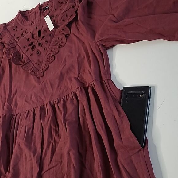 $140 NEW MADEWELL LONG SLEEVE MULBERRY MAROON RUFFLE MINI DRESS L LARGE NWT - Picture 10 of 14